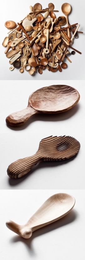 手工雕刻的木汤匙-挪威设计师Stain Korntved Ruud作品，采用超过20种木材，制作工艺超过19周，花了一年探索有机木材品质并研究如何通过手工雕刻这些品质木材