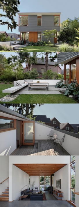现代温暖家庭房屋建筑-充满了混凝土和木材细节，位于华盛顿湖公园附近，一个带斜屋顶的花园露台