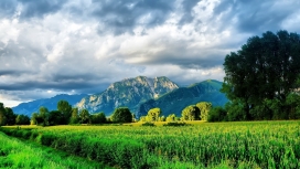 乌云下的绿色山峰壁纸