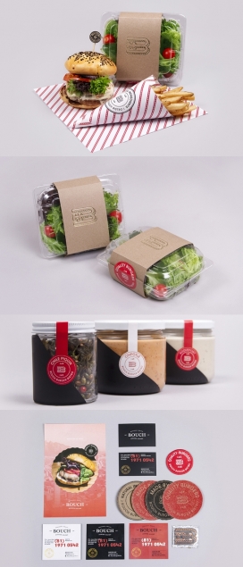 Bouch汉堡小酒馆美食餐饮品牌设计-每一个汉堡都经过精心雕琢，提供了一个独特和彻底愉快的味道，在设计上设计师使用智能色彩和饰面，以降低成本到最低