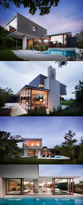 冲浪道住宅-史蒂芬・哈里斯建筑师作品，位于纽约海滩社区，融合了内部和外部空间，透明结构包含厨房，客厅和餐厅，风景如画的游泳池环绕的玻璃体积使水诱人