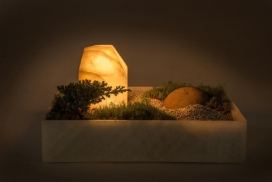 可爱的灯泡锅花盆-墨西哥PECA设计师工作室设计，一个令人印象深刻的核心，主要形状类似于植物，里面放着玛瑙或大理石，让人联想到是一个迷你景观包围的房子