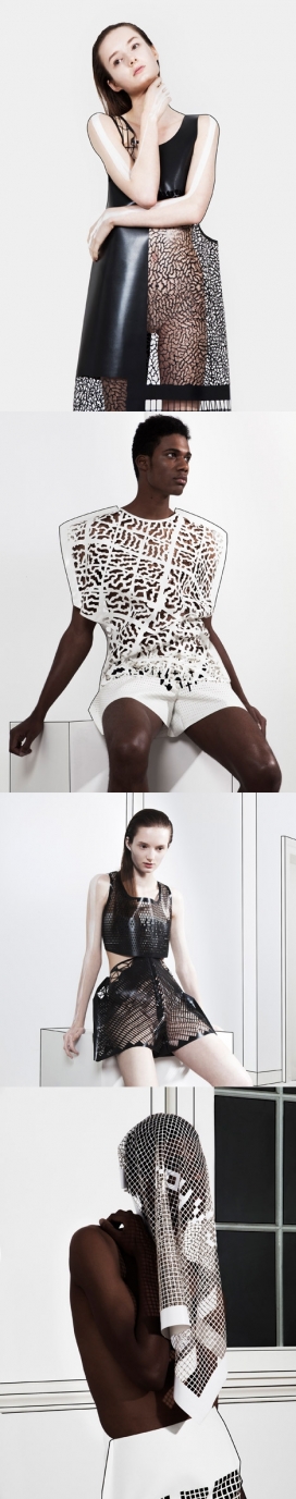 2014荷兰设计周-激光切割的时尚服装-荷兰鹿特丹Martijn van Strien设计师作品，灵感来自建筑结构形状的集合，图案反映了设计师的旅程，起源于建筑桥梁和人造结构