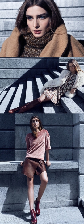 安德列亚・迪亚科努-H&M时装秀-图案印花连衣裙，人造皮草上衣和最新的lookbook图像羊毛混纺披肩，展示了层次感凉爽的季节