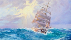 高清晰手绘蓝海帆船壁纸