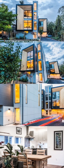 西西雅图现代预制排屋别墅-有三个单元，共5000平方英尺，每个单位地段范围从1450至2200平方左右，拥有3间卧室和2.5间浴室，一共三层