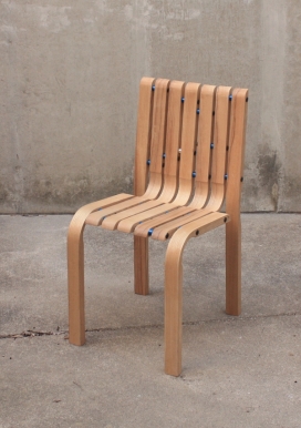 Unit Chair硬木弯曲单元椅-领先的设计理念，采用蒸汽弯曲，有三个不同的角度，并与铝垫片和螺栓连接在一起固定