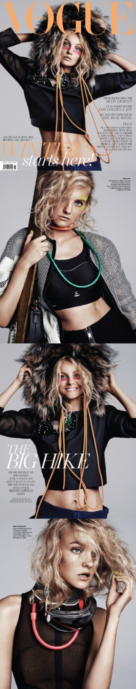 卡洛琳-爱斯基摩人的时尚-VOGUE时尚韩国封面-巴西模式皮草，运动袜，雪镜，滑雪板和雪靴礼服混合体时装秀