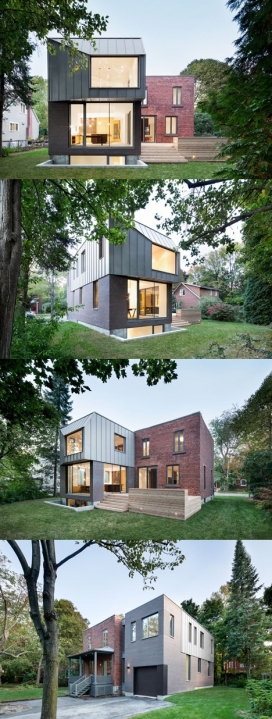 蒙特利尔的钢筋砖房子-面积达870平方米，室内全部采用黑木对比与白橡木地板。包括游戏室，地下室，一楼的餐厅和一楼研究室。作为装修的一部分，建筑师重组了内部空间，开放式的大型中庭是生活区和儿童运动游乐室，窗口可以俯瞰白色钢丝网栏杆围成的大型中庭，设计灵感来自于鲁道夫辛德勒的家