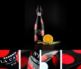 充满活力的La Cala果味汽酒包装设计-西班牙硕士调酒师马克・阿尔瓦雷斯手工制作的桑格利亚汽酒，是经典的饮品，结合多样化的大胆口味，像肉桂，迷迭香和橙色味，整个包装看上去很精致，柔和又充满活力。