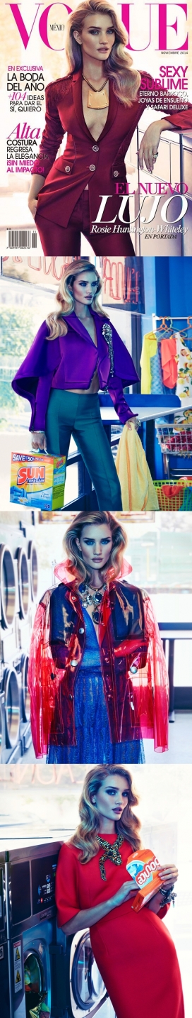 罗茜・汉丁顿惠特莉-VOGUE墨西哥2014年11月-一个生动丰富多彩的红蓝色混合物时装印象