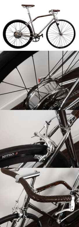 Pininfarina-融合了现代技术的20世纪30年代古典材料风格自行车-镀铬钢管形成自行车的框架，斗士采用手工焊接成的形状，并用核桃石楠根涂完，营造出视觉效果，以豪华木成荫做内饰，座椅都是由棕色皮革交织条带形成的设计