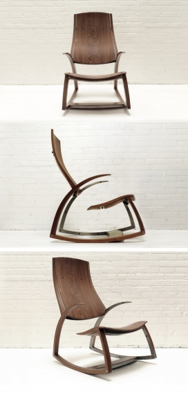 Rocking Chair No. 1核桃木质摇椅设计-实心胡桃木的座位和靠背带来了温暖手形的感觉，一个令人难以置信的用户体验