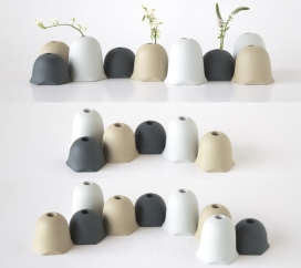 几何形状瓦罐器皿-荷兰Oato设计师作品-简约的设计风格，可以无缝地连接两个容器，全部采用手工制作，目前有三种不同的尺寸：小尺寸为6cm高，中等大小是7.5厘米高大，而大尺寸即9厘米高大，颜色有暗灰色，驼色或浅灰色颜色