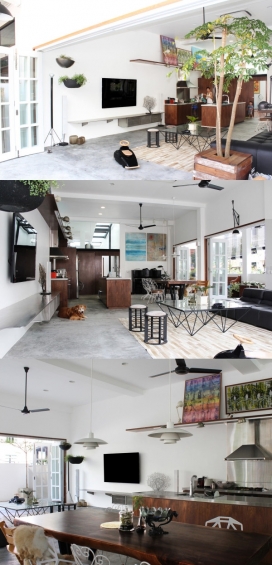 60年代的别墅排屋-位于新加坡-内墙被拆除，以创建为客厅，饭厅和厨房-室内装修采用的大多是艺术品家居饰品