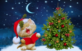 可爱的kitty圣诞小猫咪在圣诞树旁唱歌