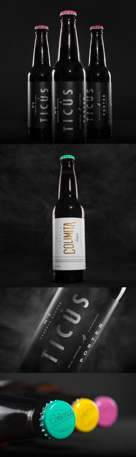 三个独特的墨西哥手工啤酒-传统元素和现代视觉交叉融合，从浅到深的标签和亮色的瓶盖，灵感来自Comala街头的低语