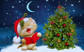 高清晰圣诞树小猫壁纸