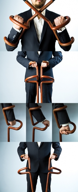 Flamingo弯曲的皮革线性金属拐杖