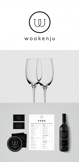 一个独特的地方-Wookenju Coffeebar酒馆品牌设计-黑白色两种颜色被用来作为主色调，象征着白天和黑夜，金色调颜色添加优雅的品牌