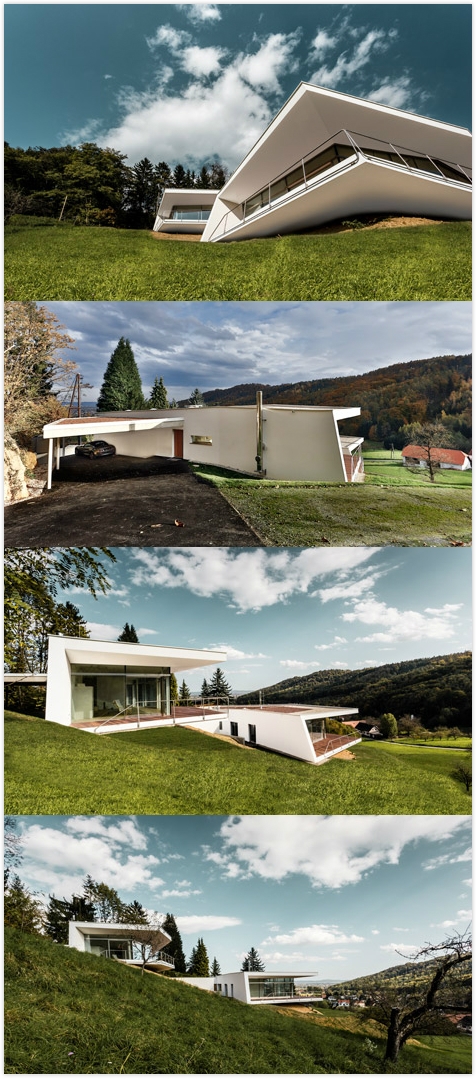 爱建筑完成的两个半部房子-建立在陡峭的斜坡峡谷边,有两个玻璃门,适应一个家族三代的。它包括两栋楼,一个车库延伸到山边。奥地利Love Architecture工作室作品封面大图