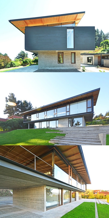 智利海边住宅-一个倾斜的屋顶,给人感觉是头重脚轻的房子,为了确保充足的自然光线到达,建造设计师把主屋和客房的大部分嵌入在山间的露台中。图片