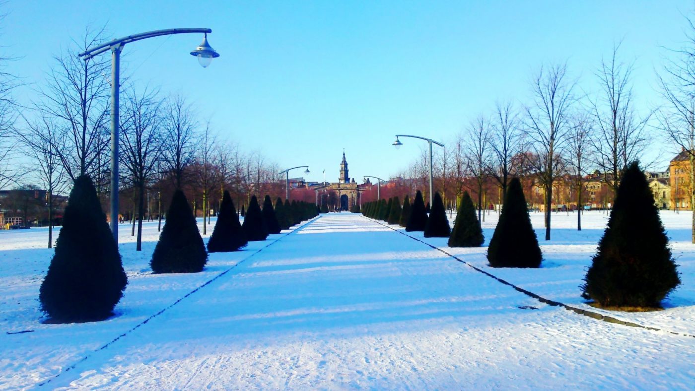 苏格兰格拉斯哥被大雪覆盖的路图片