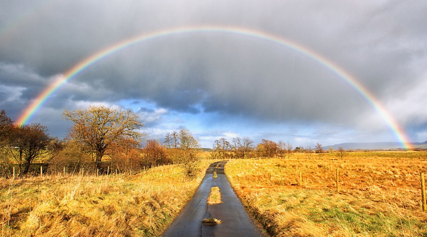 高清晰彩虹下的河路壁纸图片
