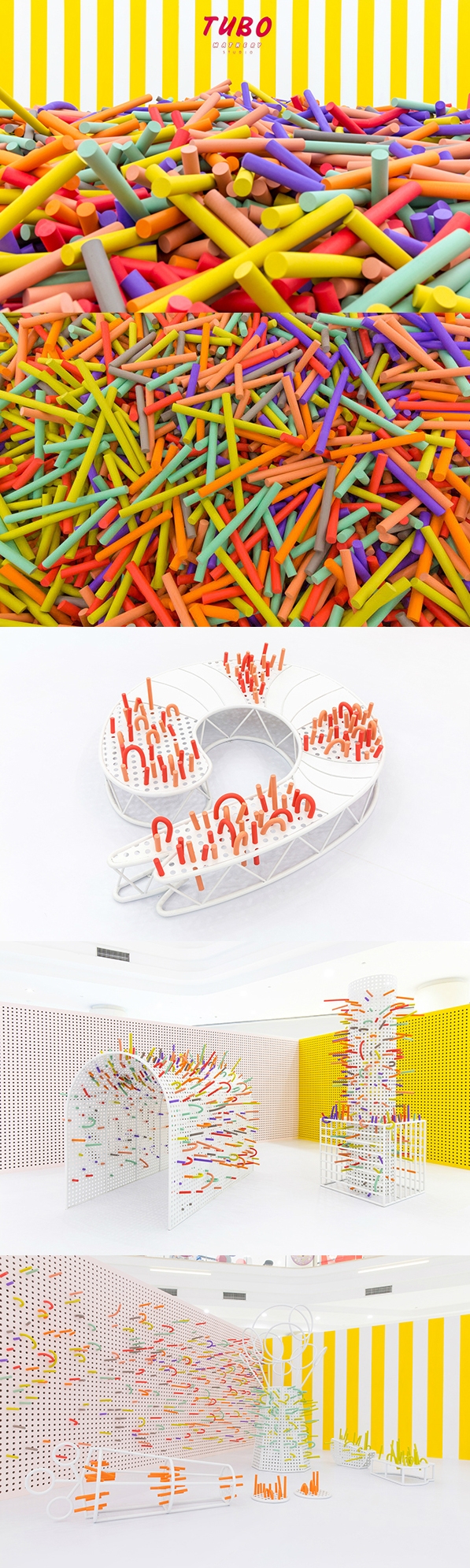 TUBO-孩子乐园空间设计-一个夸张的尺度针板,从2D到3D的感觉。用泡沫填充管和周围的穿孔墙组成的游泳池,旨在鼓励孩子们用泡沫管填充结孔颜色,可以激发孩子的乐趣图片