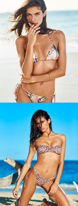 萨拉・桑帕约-维多利亚的秘密-游泳泳装拍摄-湛蓝的海水和白色的沙滩作为完美的背景，葡萄牙黑发尤物模特演绎比基尼的豪放与浪漫