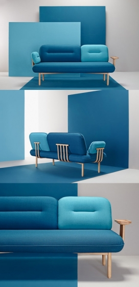 香格里拉塞尔瓦的科斯莫三座位沙发，集成了一个木制托盘，并可互换扶手和托盘，可以放的饮料-扶手采用弯曲榉木，内饰采用松树和山毛榉框架，采用了一套大型的圆形靠垫，包括横长垫，形成了座位。西班牙家具Missana品牌出品