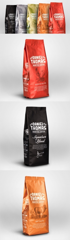 南非Daniel Thomas丹尼尔・托马斯焙炒咖啡品牌包装设计-采用超强数字颜色定义铝箔袋，每个袋具有相关性的共混物名称和图，提供简要说明，
