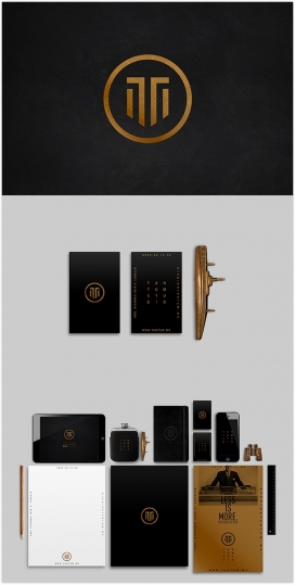 Tantum Studio室内建筑师品牌设计机构-这个名字来自拉丁文比，最常用的建筑原则之一。品牌组成一个圆圈，并命名为T形盾字母，结合铜和黑色使其成为一个强大的品牌