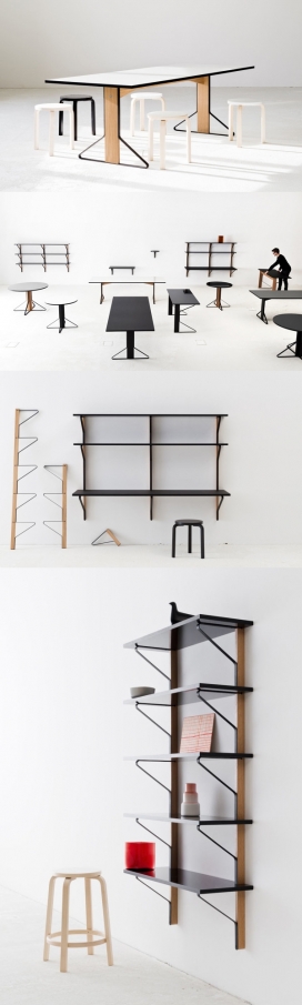 一个新的家具集合-每个块都是用一个简单的组件组合，它包括两种尺寸，一张桌子，墙上控制台和一个小圆架子，长方形和圆形桌子