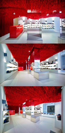 30000条红鞋带组成的天花板屋顶装饰-位于墨尔本，创造出一系列不同的曲线，设计的目的是用鲜艳的边缘来装饰巴西狂欢节