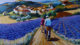 骑行在紫色薰衣草的恋人