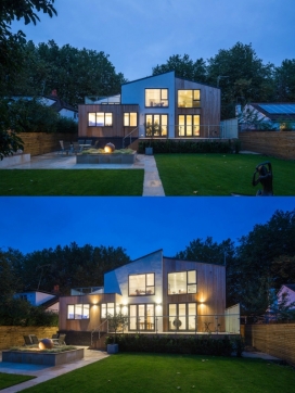 改建于一战后的木结构建筑平房-位于英国，是一个全新环保的家。房子的主体结构是在两个不同材料中合并，一个是渲染一个是落叶松，创造不同质感的层次。后部甲板可以通过两套玻璃门连接到厨房，餐厅，和L形的起居室。