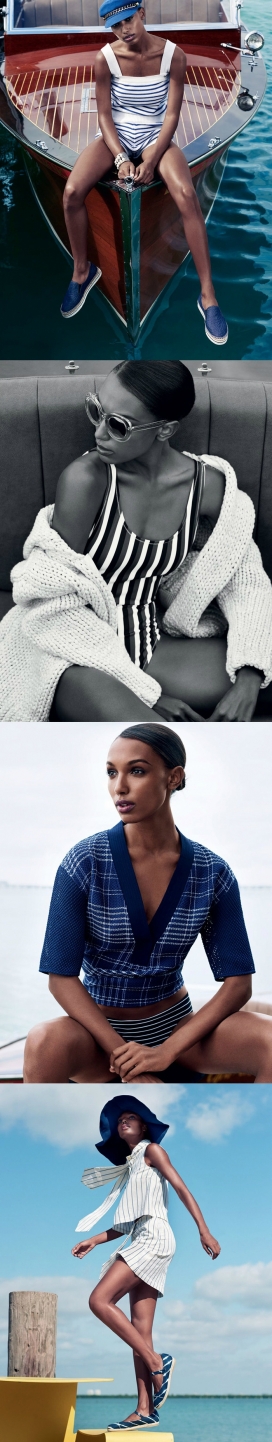 ELLE艾丽英国2015年5月-划船上的美丽，一个尝试真正蓝白色的时尚女装故事