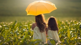 玉米地打伞的两个小女孩