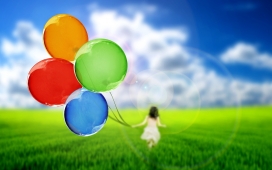 高清晰绿色草原上放五彩气球的国外可爱儿童壁纸