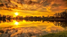 可爱的日落湖云树