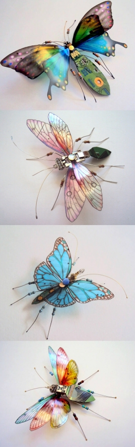 废旧电路板制作的精美昆虫-英国艺术家朱莉爱丽丝查普尔作品-废弃电路板到昆虫的微型雕塑，致力于提高人们对环境的浪费，文化垃圾的回收。