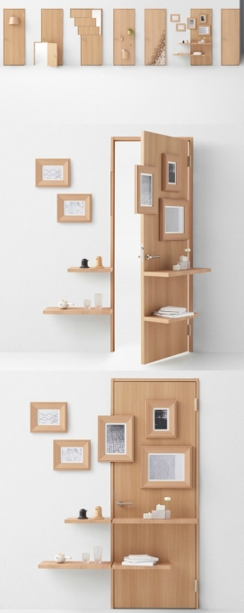 七门概念设计-诠释了简单的木门包括滑动部分，储物空间