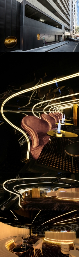 墨尔本Bond酒吧夜总会-建筑和音乐共存的空间设计，文艺复兴时期建筑师莱昂・巴蒂斯塔・阿尔贝蒂风格。圆滑的线条和弧度的设计模仿搏动的音乐律动，相当奢华