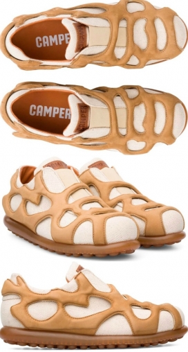 巴西坎帕纳兄弟设计的露营凉鞋-采用天然棕榈树叶和麂皮组成，里面采用不规则形状红色绒填充，不但透气还非常舒适