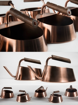 CU Watering Can-不锈钢抛光喷壶设计-采用胡桃木做手柄，可以用手转动，底座采用粉末涂层黑色。