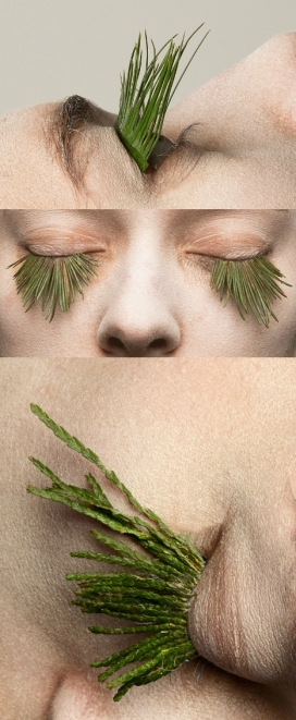金斯顿大学毕业生玛丽・格拉汉姆艺术家用绿色草叶片和松针植物做的女性睫毛-来突出为“天然”的化妆品