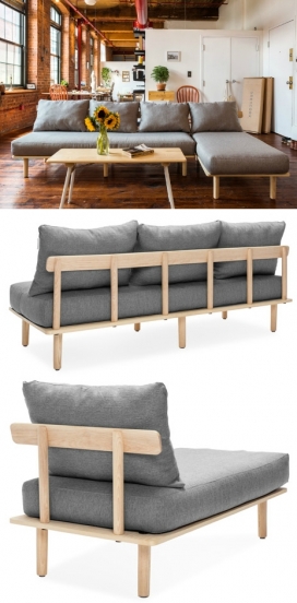 挑战宜家扁平封装的客厅沙发家具-Rhode Island家具公司创建的家具。有两张桌子和一条长凳，集合功能的沙发，躺椅，书架，咖啡桌，茶几。采用灰和纤维板聚酯为装饰，可以在家快速组装拼合