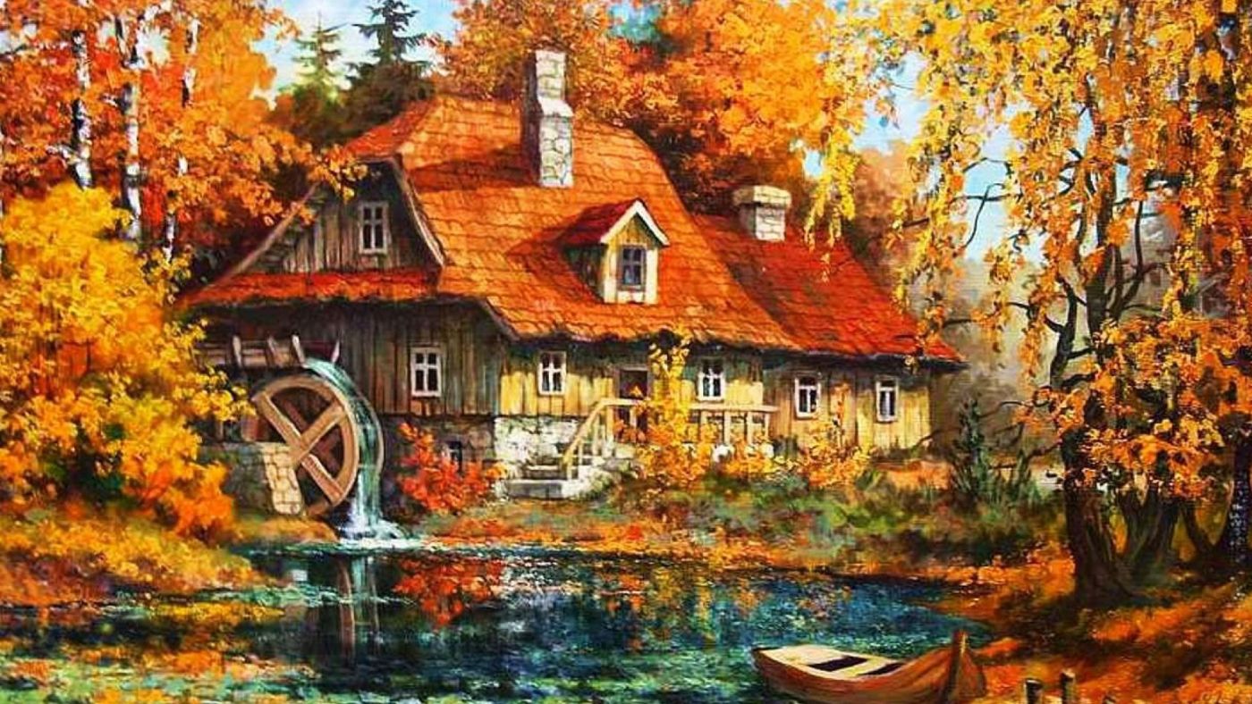 秋季森林老水车壁纸图片