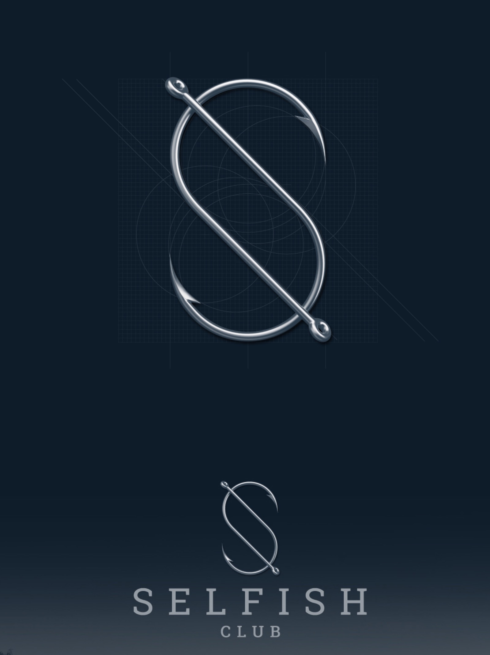 SELFISH Club-自私的美味俱乐部-乡村钓鱼俱乐部品牌设计。沉稳暗色调类似于水面和鱼鳞,两个交叉的金属挂钩 - 将紧张而舒适的心情代表出来。图片